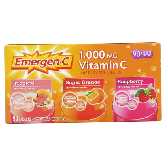Emergen-c vitamin c supplement drink mix, variety of flavors (tropical, super orange, raspberry), 90 ct