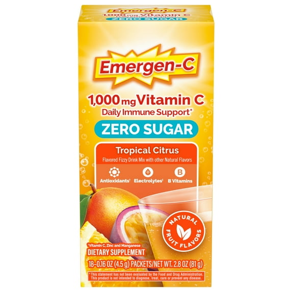 Emergen-C Zero Sugar 1000 mg Vitamin C Powder for Daily Immune Support, Tropical Citrus Flavor - 18 Count