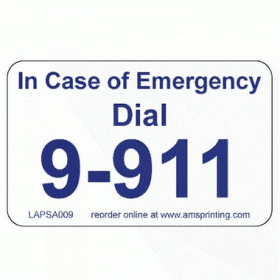 Emergency 9-911 Phone Stickers, 10 Laminated Stickers on White Gloss with Blue Ink. Permanent and Self-adhesive labels. Label Size: 2"(w) x 1 1/4"(h)