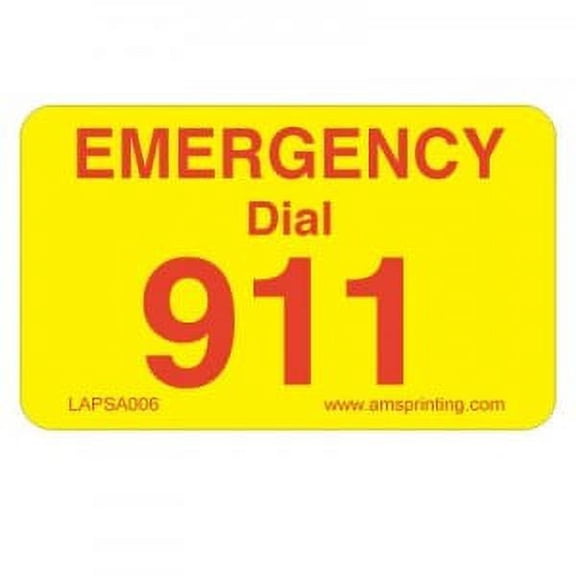 Emergency 911 Phone Stickers, 10 Laminated Stickers on Yellow Gloss with Red Ink. Permanent and Self-adhesive labels. Label Size: 2"(w) x 1 1/4"(h)