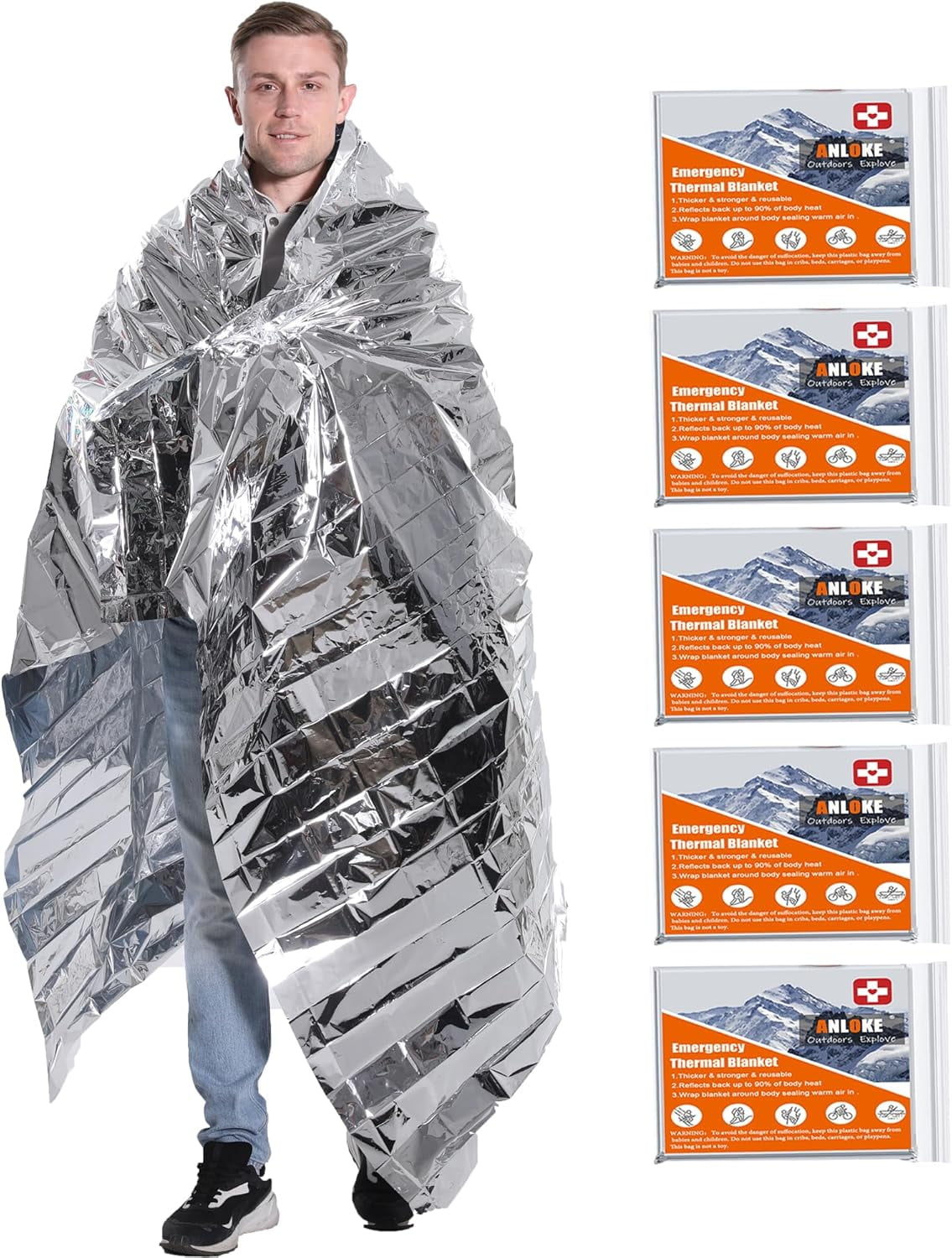 Emergency Blankets Mylar Thermal Blanket-(5 Pack) of Gigantic Space Blanket 82 * 64 in. Survival Blankets Heavy Duty Camping Gear,First Aid…