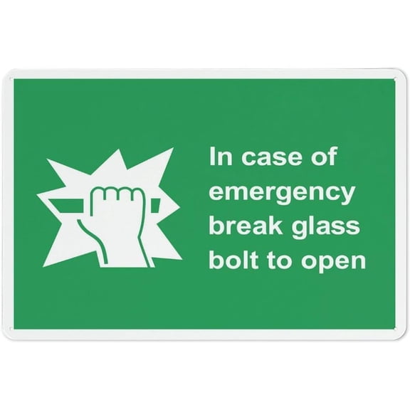 Emergency Break Glass Bolt to Open Sign, Reflective Aluminum Metal, 12 x 8 Inch, Weather Resistant with Symbol and Pre-Drilled Holes