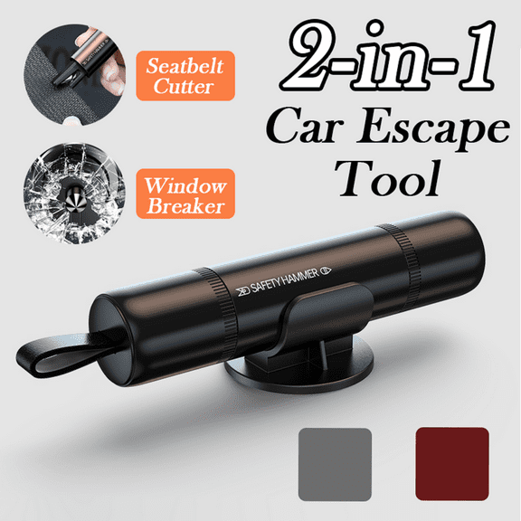 2-in-1 Emergency Car Escape Tool - Window Breaker and Seatbelt Cutter - Vehicle Safety Hammer for Emergencies - Black