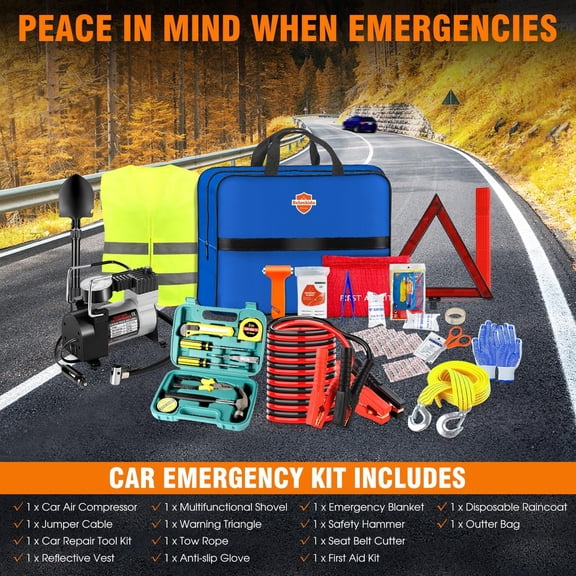 Emergency Car Kit with Compressor Jumper First Aid Kit Winter Auto Road Side Kit Survival Essentials