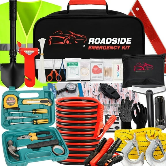 Emergency Car Kit with Jumper Cables & Snow Shovel, Winter Roadside Assistance Safety Kit for Cars, Trucks, SUVs and RVs