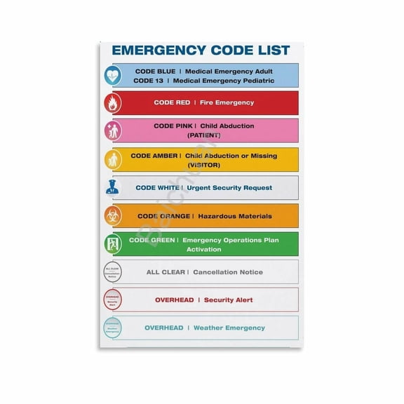 Emergency Code List Poster Hospital Color Codes Chart (2) Canvas Painting Posters And Prints Wall Art for Living Room Bedroom Decor