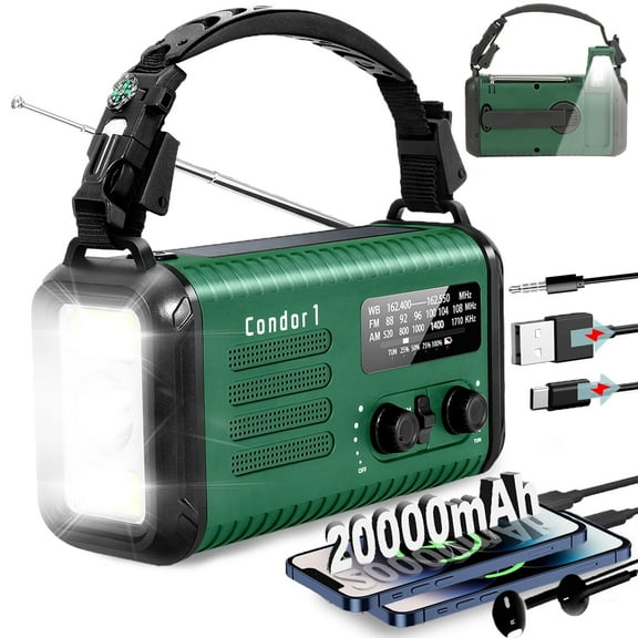 Emergency Crank Radio, 20000mAh / 74000mWh Solar Hand Crank Weather Radio with NOAA/AM/FM, Battery Powered Radio with Cell Phone Charger, Reading Lamp, Flashlight & SOS for Emergencies/Home