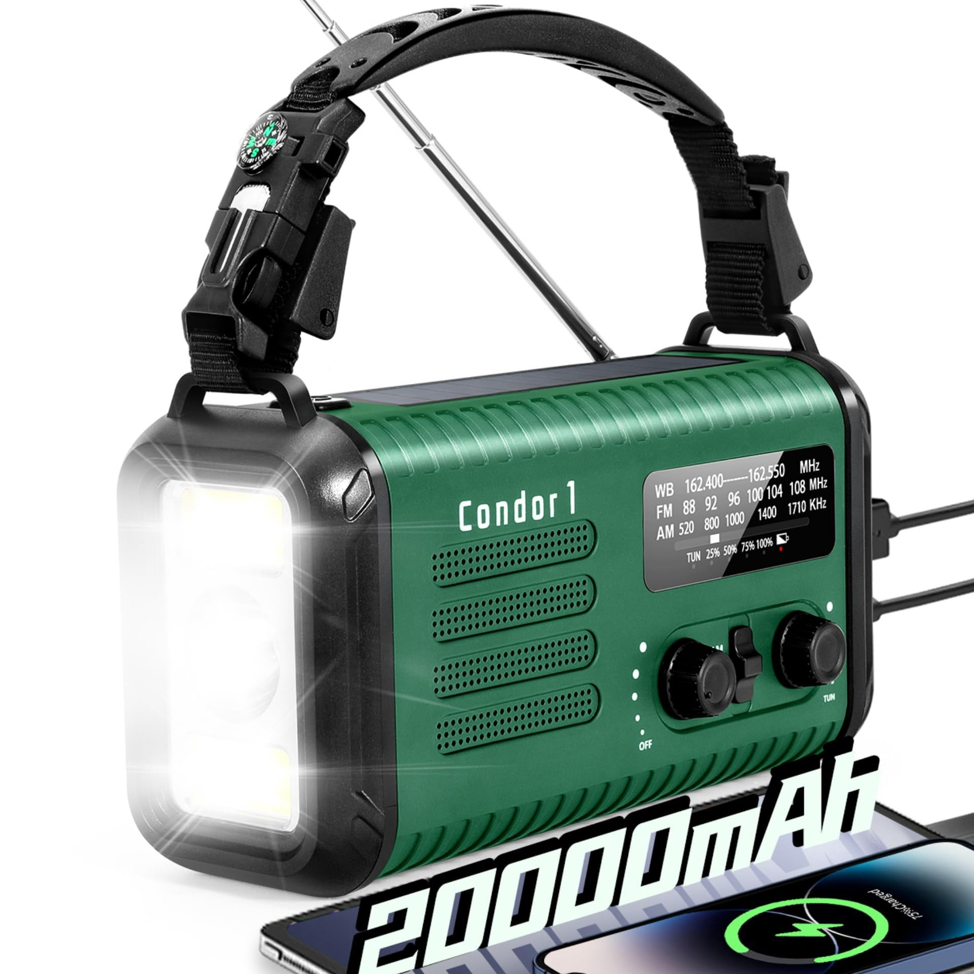Emergency Crank Radio  20000mah / 74000mwh Solar Hand Weather With Noaa/am/fm Cell Phone Reading Lamp Flashlight & Sos For Emergencies/home (green)