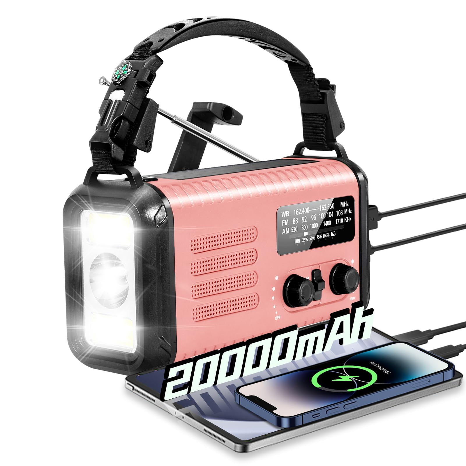 Emergency Crank Radio  20000mah / 74000mwh Solar Hand Weather With Noaa/am/fm Cell Phone Reading Lamp Flashlight & Sos For Emergencies/home (pink)