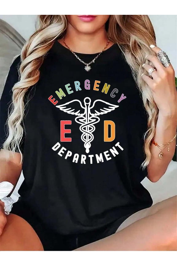 Emergency Department Neon Sign With Caduceus SymbolWomens Tshirt Grey White Dark Red