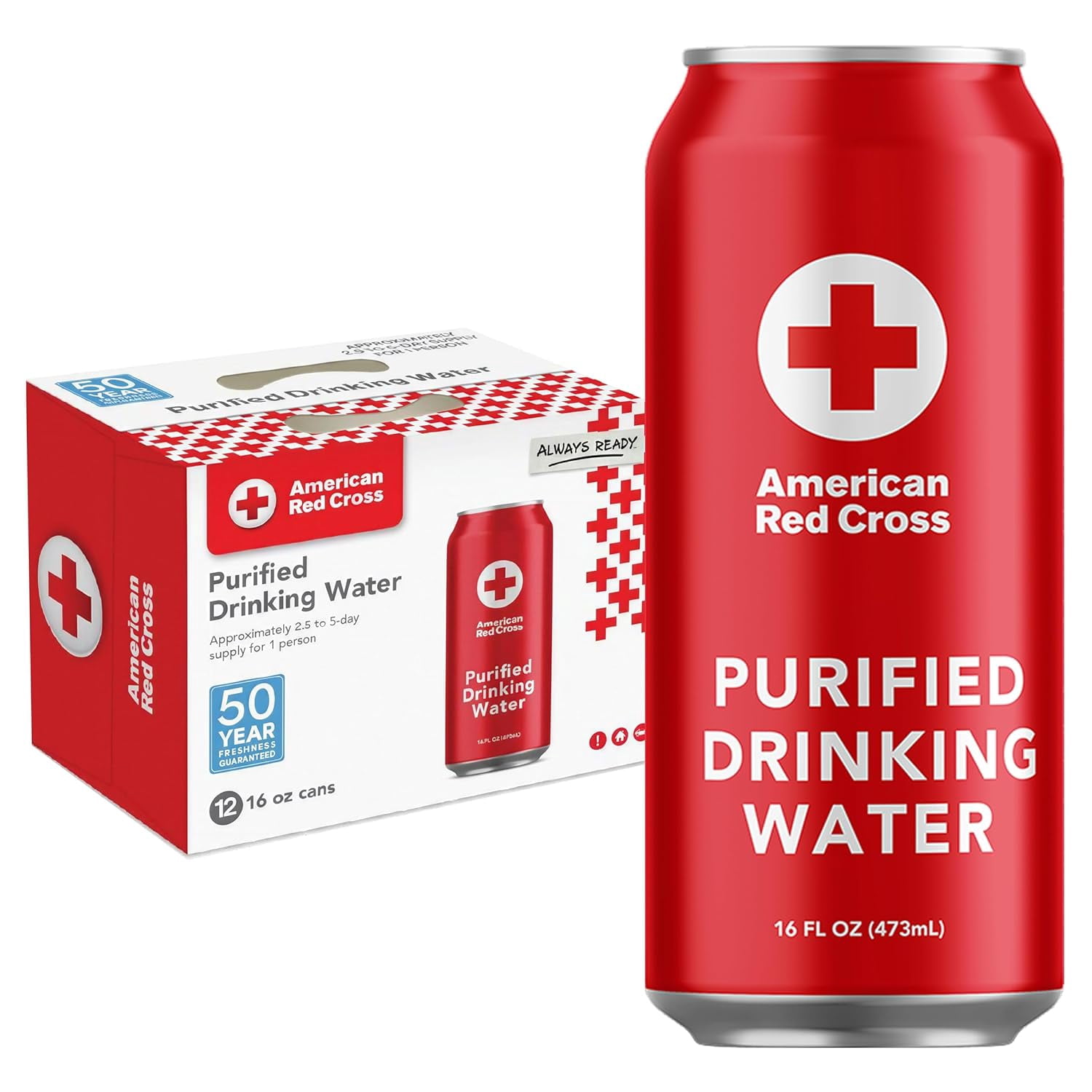 American Red Cross Licensed Emergency Drinking Water Cans by Aqua Emergency 12 Pack (16 fl oz / 473 ml Each) – 50 Year Shelf Life Long Term Water Storage, Disaster Preparedness Survival Supply