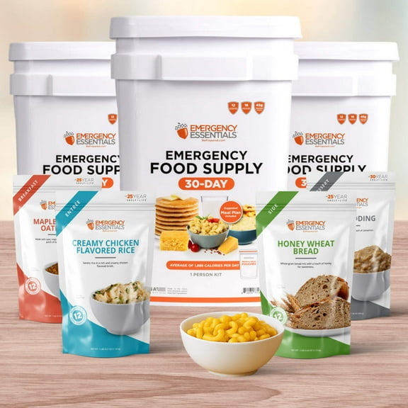 Emergency Essentials 1-Month Emergency Food Supply Bucket, 257 Servings, 56,650 Calories | Long-Term Survival Food Kit for Disaster Preparedness, Camping, and Power Outages