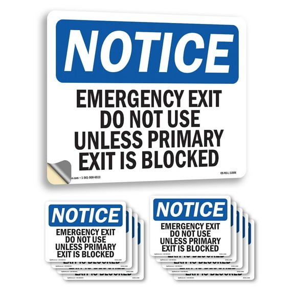 Emergency Exit Do Not Use Unless Primary OSHA Notice Vinyl Decal Label 5 Inch x 3.5 Inch - 10 Pack