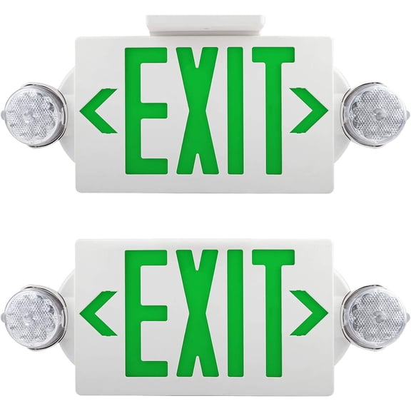 Emergency Exit Light, Adjustable Two LED Head Exit Sign Light, Commercial Emergency Exit Lighting Combo with Back-up Battery for Business UL Certificated (Green, 2 Pack)