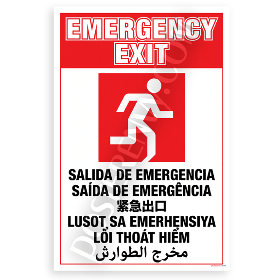 Emergency Exit Multilingual Safety Sign Running Figure 12x18 US Made Poster