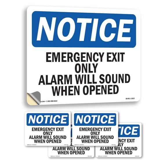 Emergency Exit Only Alarm Will Sound When Opened OSHA Notice Vinyl Decal Label 5 Inch x 3.5 Inch - 5 Pack