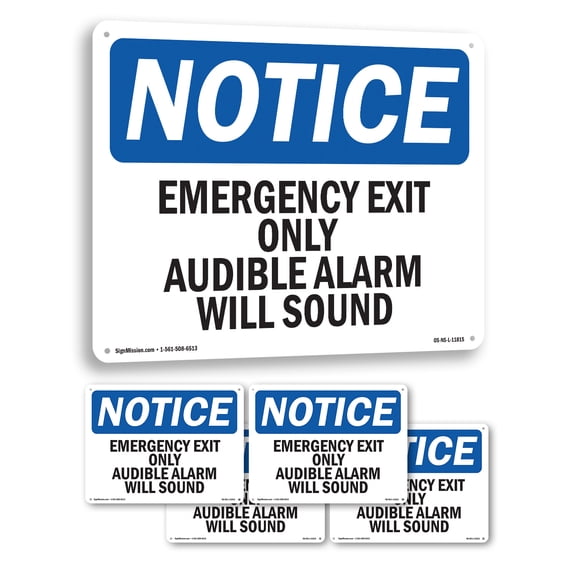 Emergency Exit Only Audible Alarm Will Sound OSHA Notice Rigid Plastic Sign 10 Inch x 7 Inch - 5 Pack