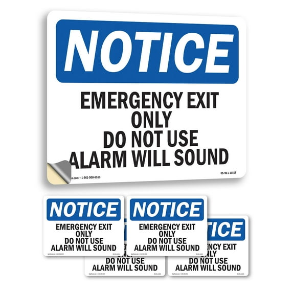 Emergency Exit Only Do Not Use Alarm Will Sound OSHA Notice Vinyl Decal Label 5 Inch x 3.5 Inch - 5 Pack
