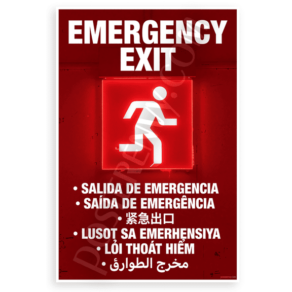 Emergency Exit Running Figure Multilingual Safety Sign 12x18 US Made Poster