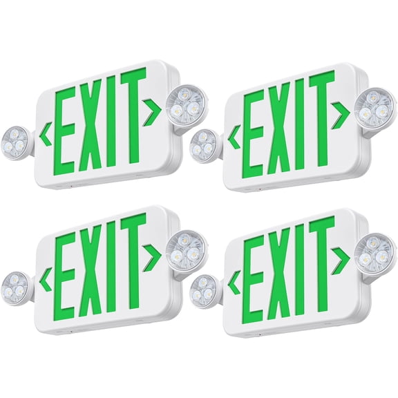 Emergency Exit Sign Lights Combo with Battery Backup, Double Sided Hardwired 6 LEDs Exit Signs, Adjustable Heads Green Emergency Exit Lighting Ceiling/Wall Mount, UL Listed, AC 120/277V (4 Pack)