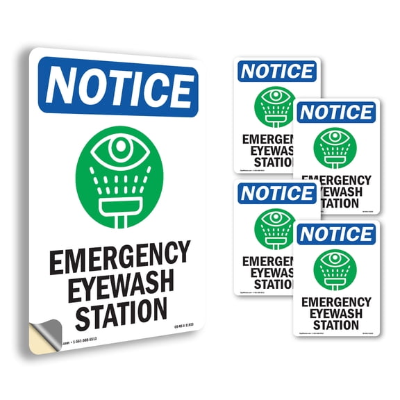 Emergency Eyewash Station With Symbol OSHA Notice Vinyl Decal Label 14 Inch x 10 Inch - 5 Pack