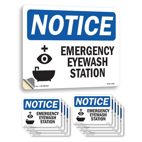 Emergency Eyewash Station With Symbol OSHA Notice Vinyl Decal Label 18 Inch x 12 Inch - 10 Pack