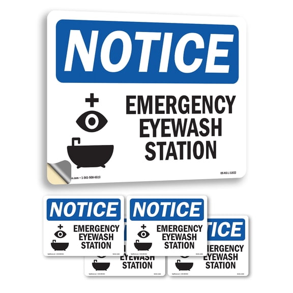 Emergency Eyewash Station With Symbol OSHA Notice Vinyl Decal Label 5 Inch x 3.5 Inch - 5 Pack