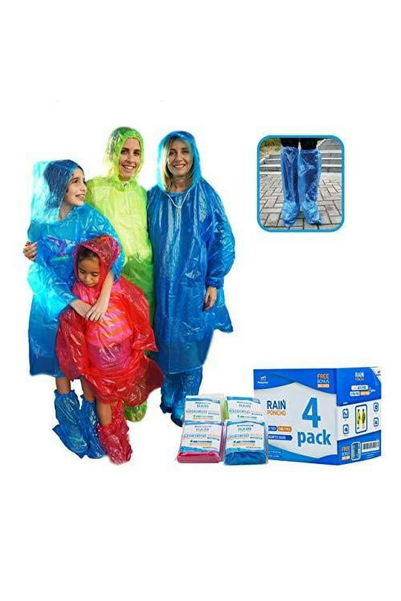 Emergency Family Rain Ponchos Extra Thick 4 Pack Disposable Plastic Raincoat Bundled with Shoe Covers for Adults and Kids Assorted Colors and 100% Waterproof Rain Gear