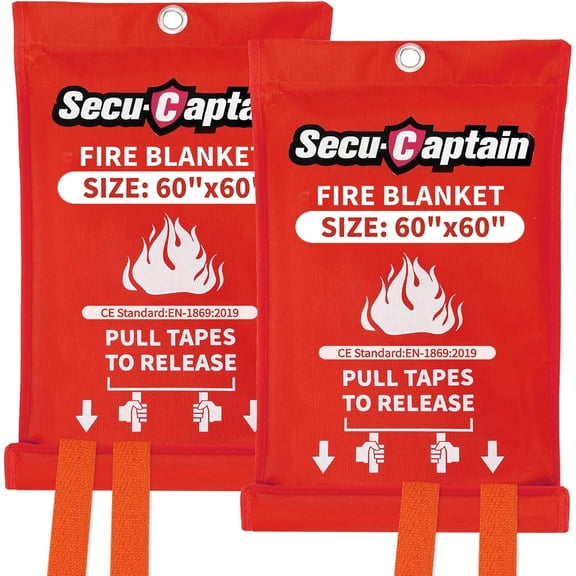 Emergency Fire Blanket for Home - 2 Pack 60"x60" X-Large Flame Retardant Blankets with Fireproof Tabs for House Camping Kitchen Fire Protection Survival Safety