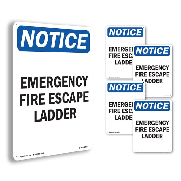 Emergency Fire Escape Ladder OSHA Notice Rigid Plastic Sign 10 Inch x 7 Inch - 5 Pack