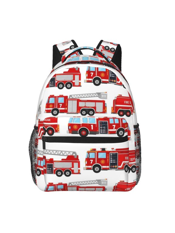 Emergency Fire Truck Pattern Backpack Casual College Bag Zipper Laptop Daypack Hiking Rucksack Travel