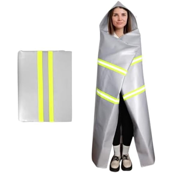 Emergency Fireproof Cloak with Hood  Silver Silicone Coated Fiberglass Fire Blanket, 59 x 63 Inches, Heat Resistant Safety Cover for Escape- fire Retardant Blanket - fire Extinguisher