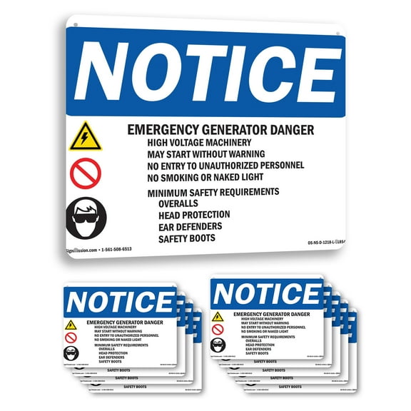 Emergency Generator Danger High OSHA Notice Aluminum Sign 10 Inch x 7 Inch - 10 Pack