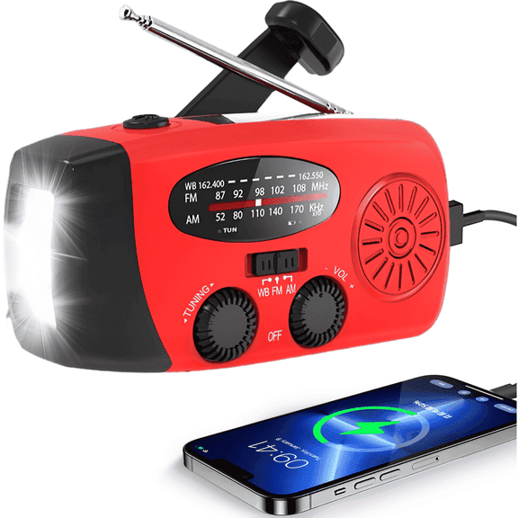 Emergency Hand Crank Radio, NOAA Weather Radio 2000mAh Battery Operated, Solar Power Flashlight Cell Phone Charger, SOS Alarm for Home, Outdoor