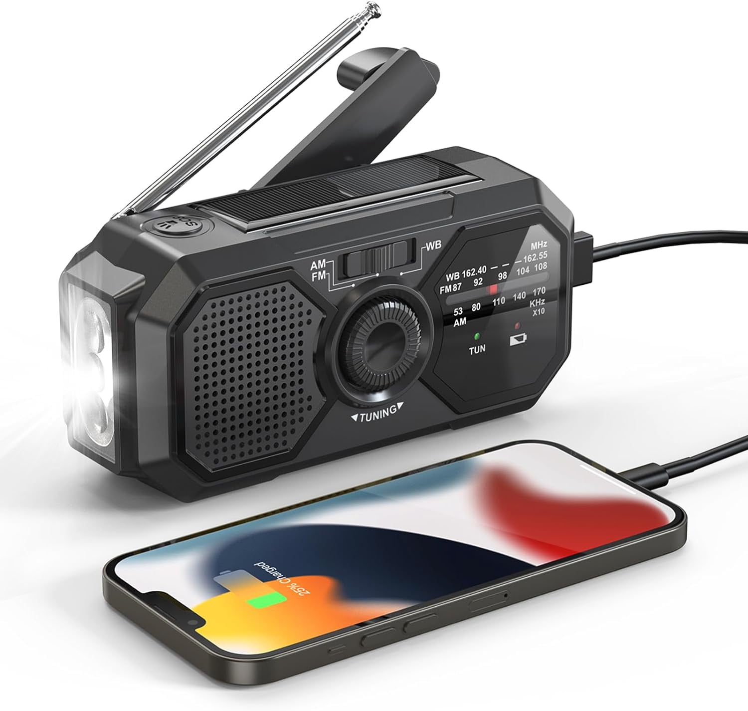 Emergency Hand Crank Radio, with LED Flashlight for Emergency, AM/FM Portable Weather Radio, for USB Charged & Solar Power for Camping, Emergency (Black)
