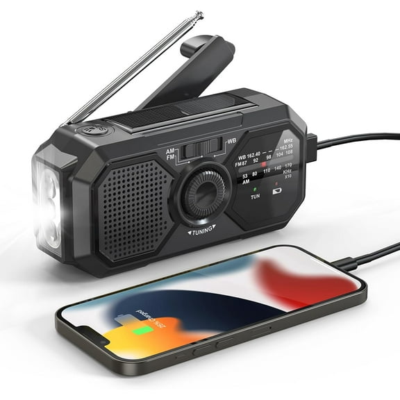 Emergency Hand Crank Radio, with LED Flashlight for Emergency, AM/FM Portable Weather Radio, for USB Charged & Solar Power for Camping, Emergency (Black)