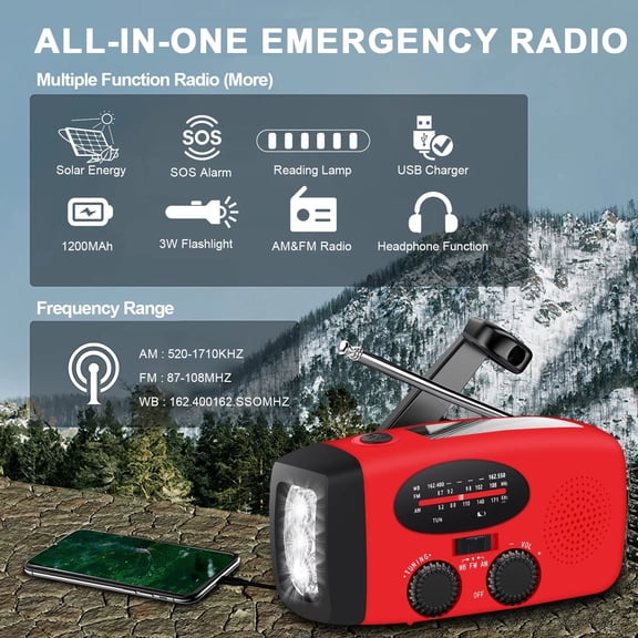 Emergency Hand Crank Radio, with LED Flashlight for Emergency, AM/FM Portable Weather Radio, for USB Charged & Solar Power for Camping, Emergency (Red)