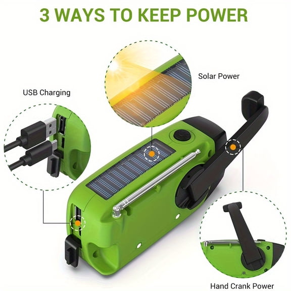 Emergency Hand Crank Radio with LED Flashlight, Solar/USB Charging, NOAA Weather Radio, Portable AM/FM Receiver for Camping, Power Outages & Survival, Loudspeaker Supported