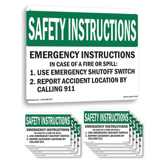 Emergency Instructions In Case Of A Fire OSHA Safety Instructions Aluminum Sign 18 Inch x 12 Inch - 10 Pack