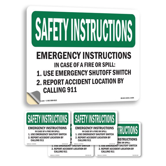 Emergency Instructions In Case Of A Fire OSHA Safety Instructions Vinyl Decal Label 5 Inch x 3.5 Inch - 5 Pack