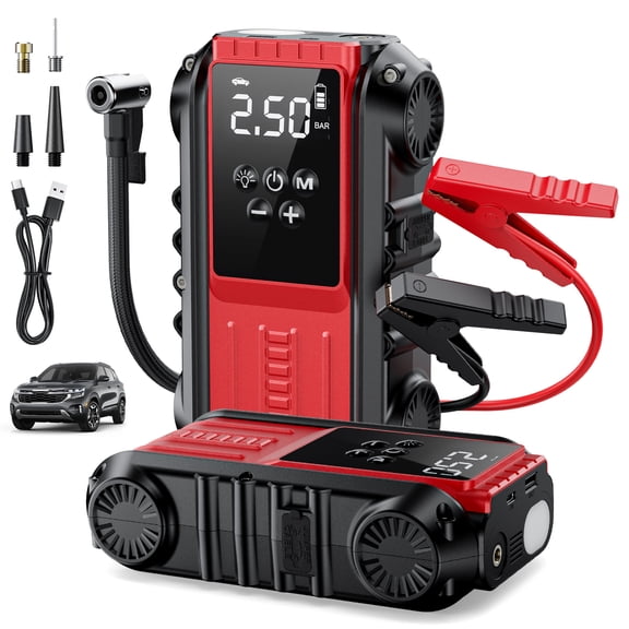 Lolsea emergency starter and tire inflator, 4000A current, suitable for 9.0L gasoline/8.0L diesel engines, 150PSI automatic stop air compressor, power bank and LED lights.