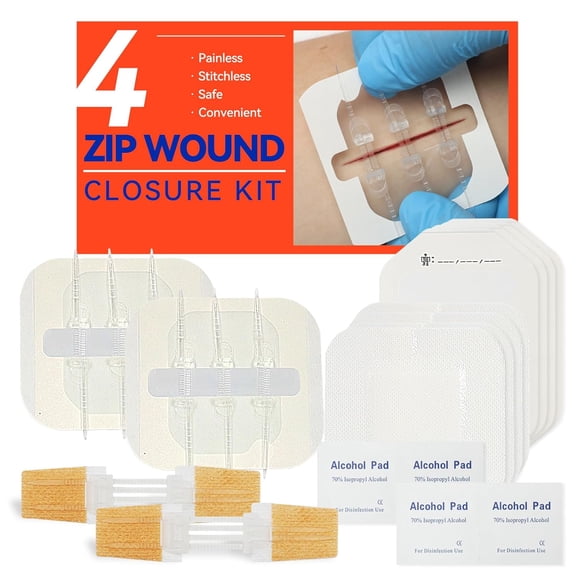 Emergency Laceration Closures, Zipstitch Wound Closure Device (4 Set) - 2 Types Repair Without Stitches, Easy to Use Kit for Home, Outdoors