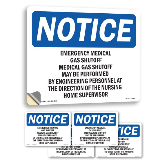 Emergency Medical Gas Shutoff Medical Gas OSHA Notice Vinyl Decal Label 7 Inch x 5 Inch - 5 Pack