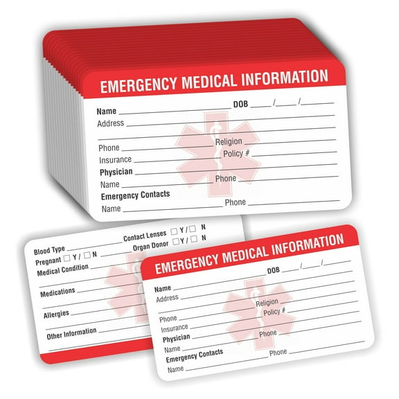 Emergency Medical Information ID Card (Pack of 25) 3.5" x 2" Round Corner 700 GSM Thick Card Stock