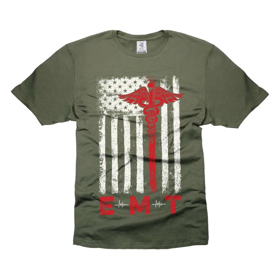 Emergency Medical Technician Tshirt EMT Patriotic Shirt EMT Usa Flag T Shirt Paramedic Shirts (Large Military Green)