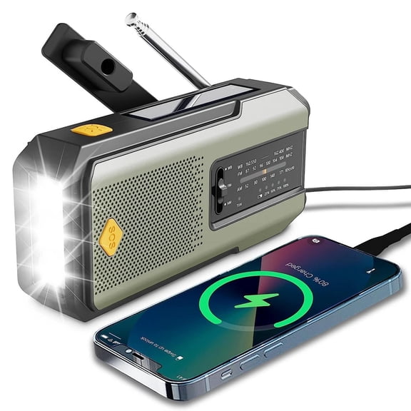 Emergency Multi-Function Weather Radio - FM/AM/WB Radio with Hand Crank, Solar Charging and USB Power Bank - 2000mAh Battery Capacity - Includes LED Flashlight and Portable Power Bank