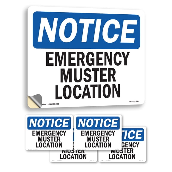 Emergency Muster Location OSHA Notice Vinyl Decal Label 5 Inch x 3.5 Inch - 5 Pack