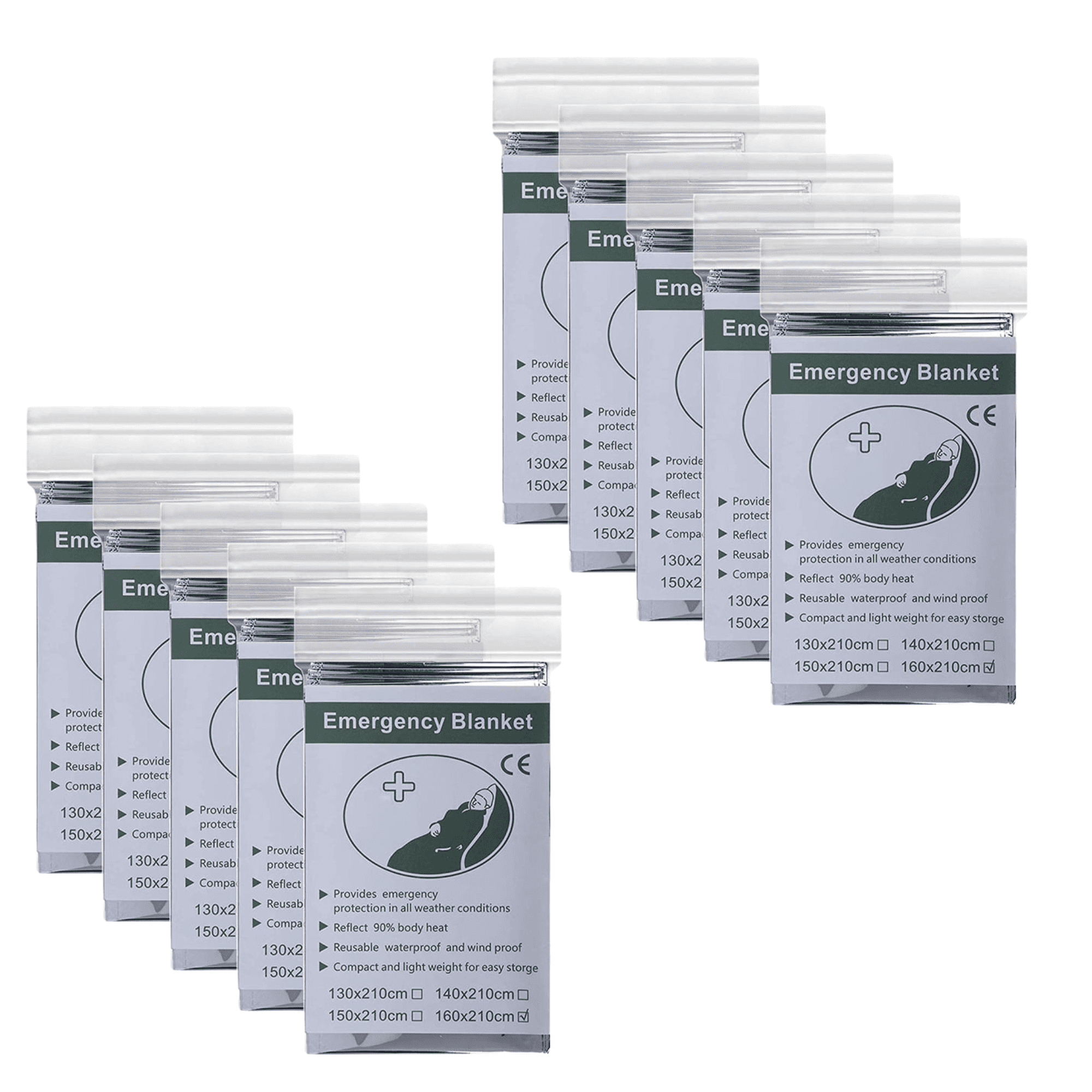 Emergency Mylar Medical Blanket, Reusable, Waterproof, Windproof, 10 PK