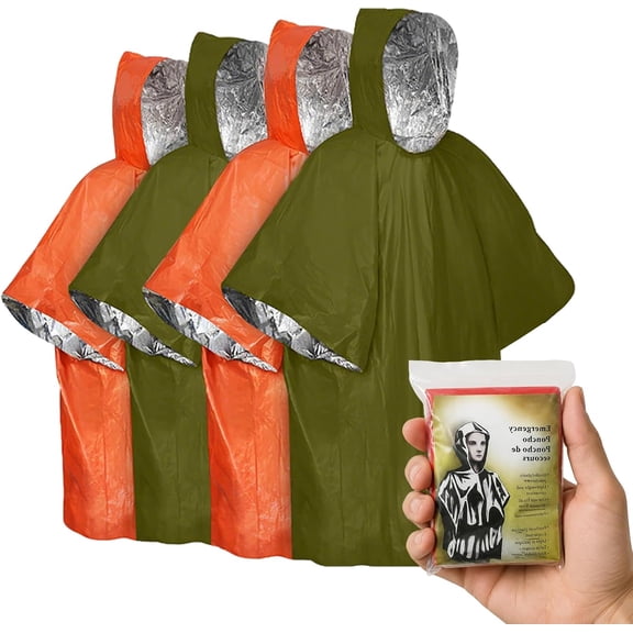 Emergency Mylar Poncho Survival Rain Poncho with Hood Lightweight, Compact, Reusable Emergency Blanket Poncho for Hiking, Camping, Thermal Gear, Car Kit, Outdoors