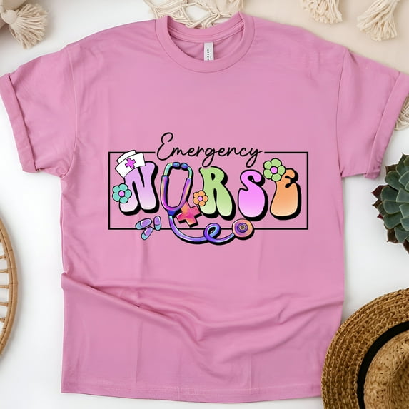 Emergency Nurse T-Shirt | Pastel Lettering with Stethoscope Graphic Tee, Azalea, Size M